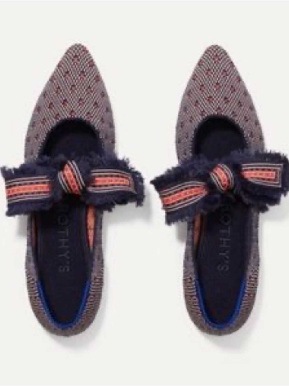 Rothys Navy Flats with Coral-Trim Bow